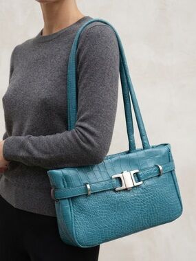 Y2K Joanel Teal Croc-Embossed Leather Shoulder Bag